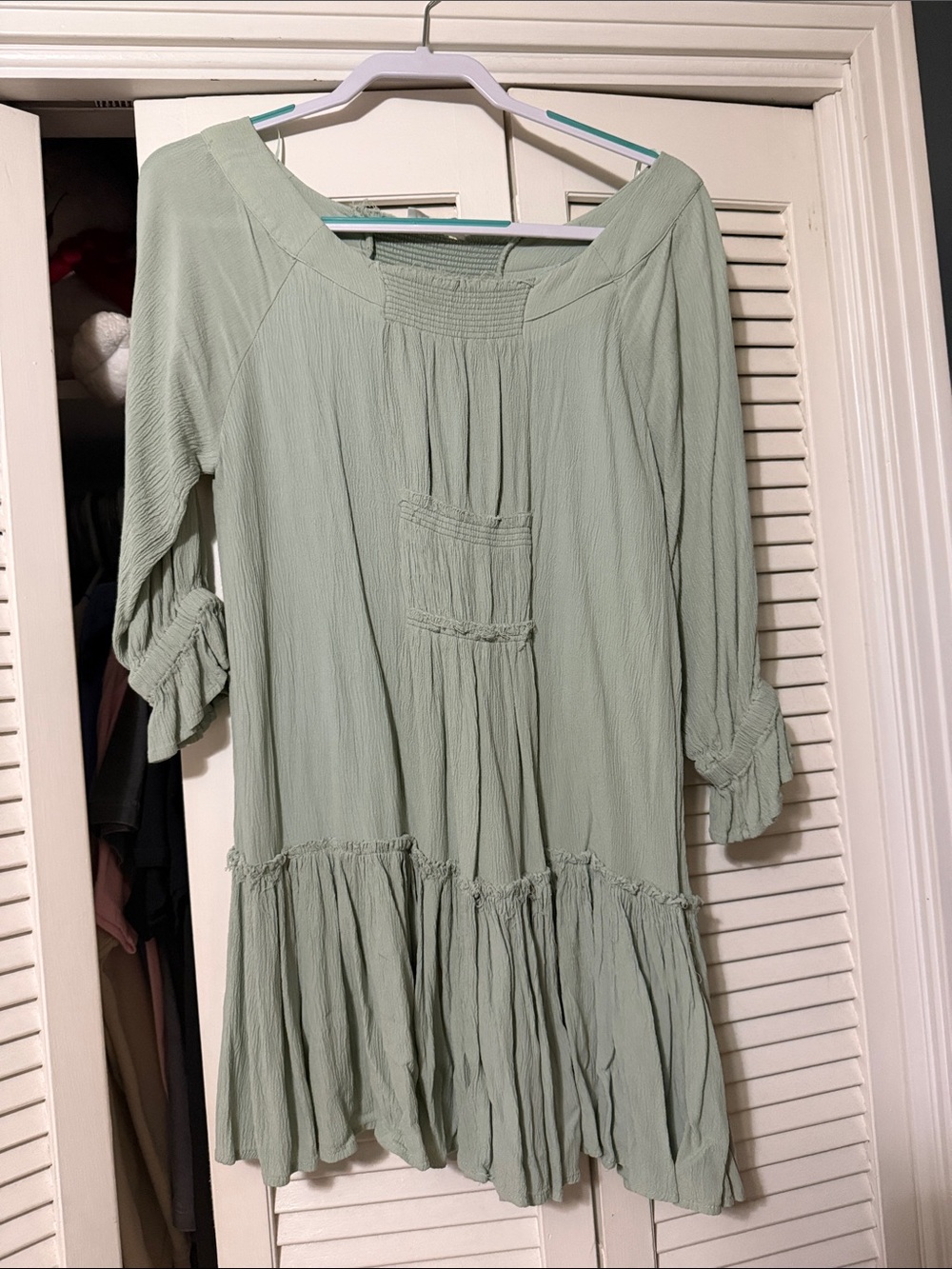 Women's Sage Green Boho Ruffle Tunic Dress